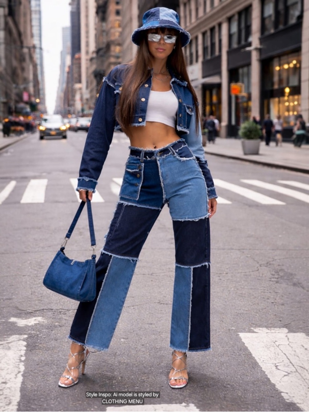 AMERICA BAZI Patchwork Denim Blue Black Crop Jacket and Wide Leg Pants Set Small